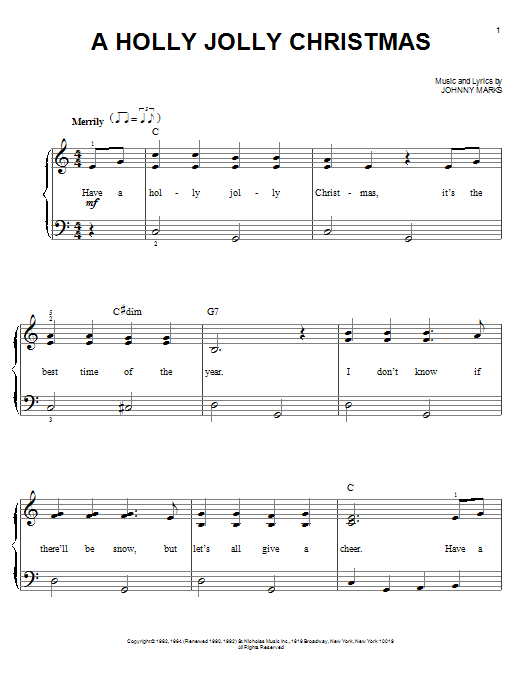 Johnny Marks A Holly Jolly Christmas sheet music notes and chords. Download Printable PDF.