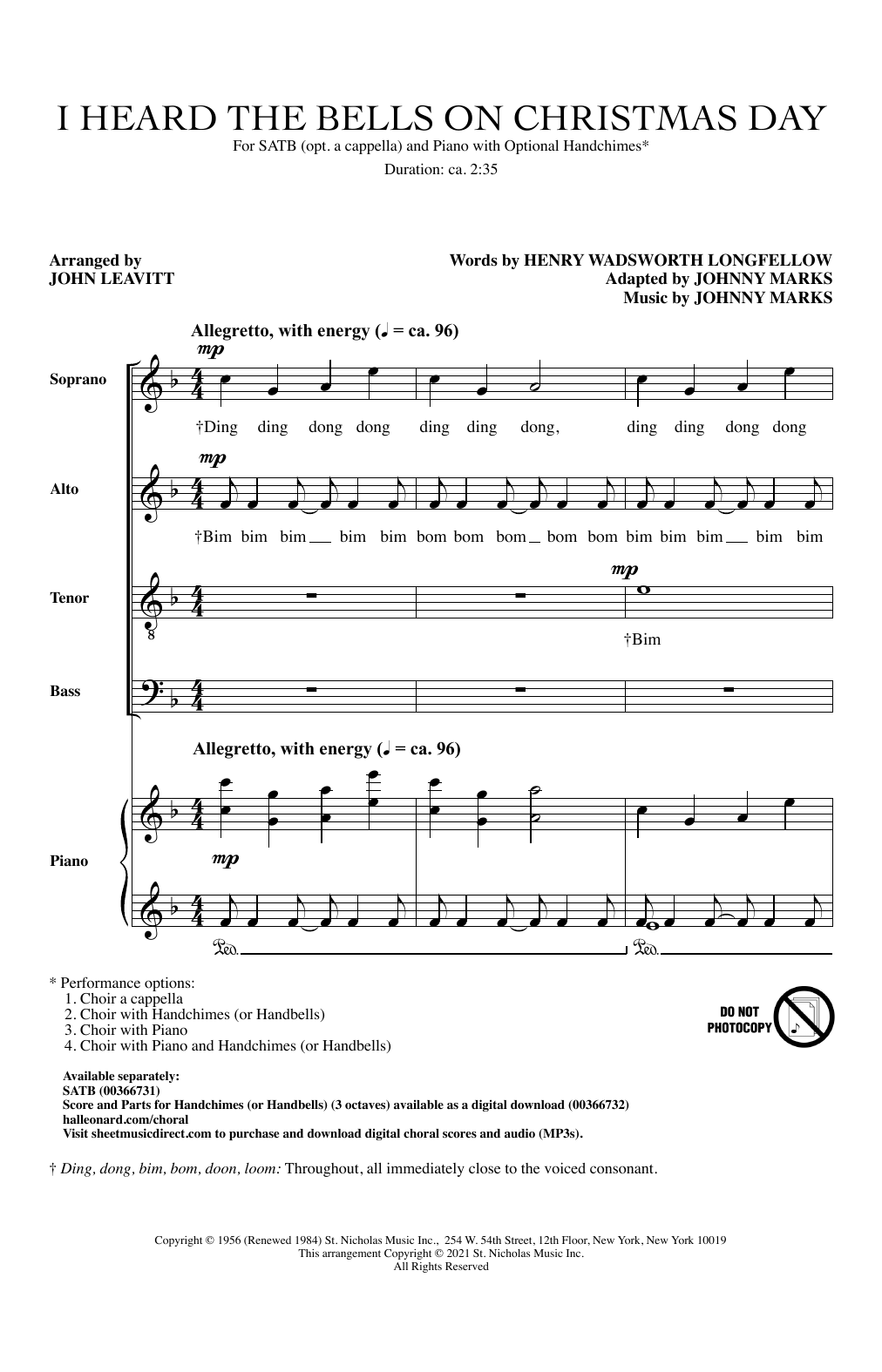 Learn to play Johnny Marks I Heard The Bells On Christmas Day (arr. John Leavitt) sheet music for SATB Choir in minutes. Price: 3.9900$ Johnny Marks I Heard The Bells On Christmas Day (arr. John Leavitt) sheet music notes and chords arranged for SATB Choir