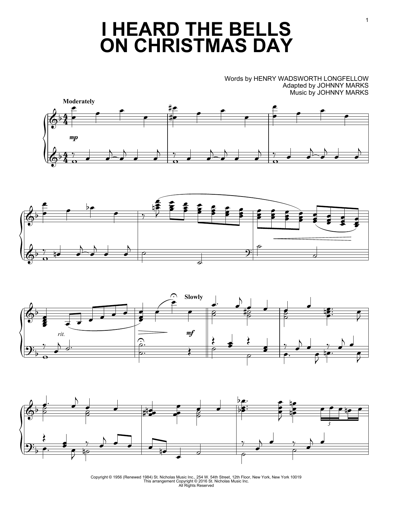 Johnny Marks I Heard The Bells On Christmas Day sheet music notes and chords. Download Printable PDF.