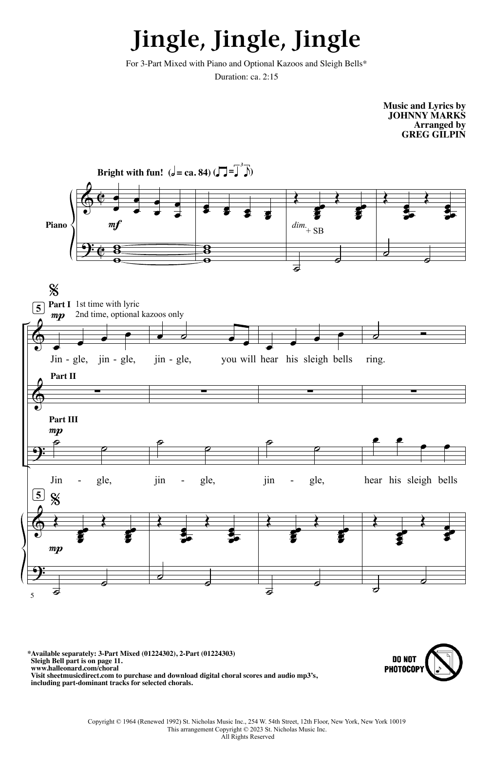 Johnny Marks Jingle, Jingle, Jingle (arr. Greg Gilpin) sheet music notes and chords. Download Printable PDF.