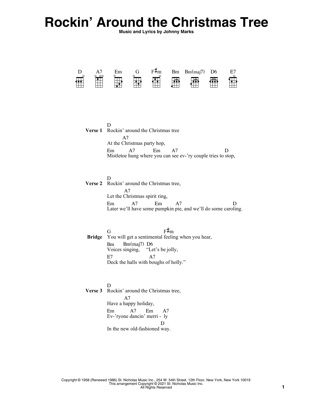 Learn to play Johnny Marks Rockin' Around The Christmas Tree (arr. Fred Sokolow) sheet music for Ukulele in minutes. Price: 5.9900$ Johnny Marks Rockin' Around The Christmas Tree (arr. Fred Sokolow) sheet music notes and chords arranged for Ukulele