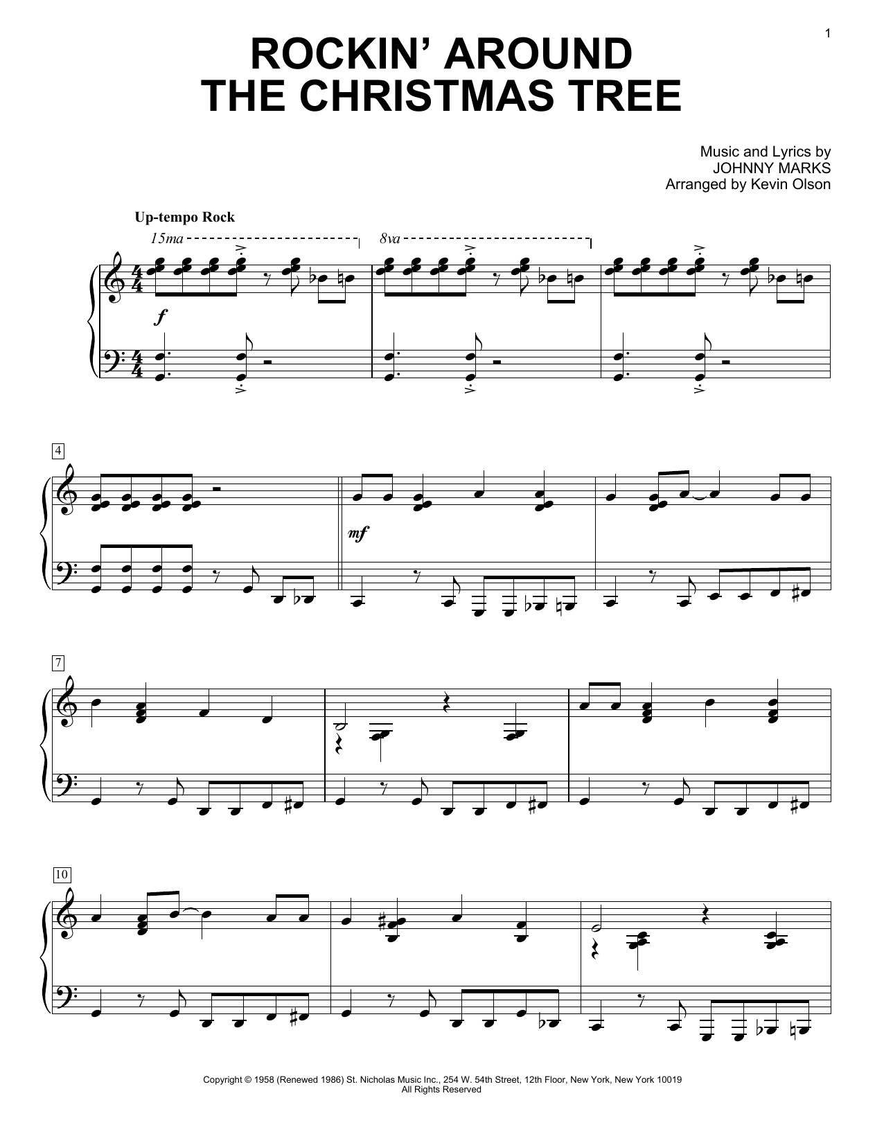 Johnny Marks Rockin' Around The Christmas Tree (arr. Kevin Olson) sheet music notes and chords. Download Printable PDF.