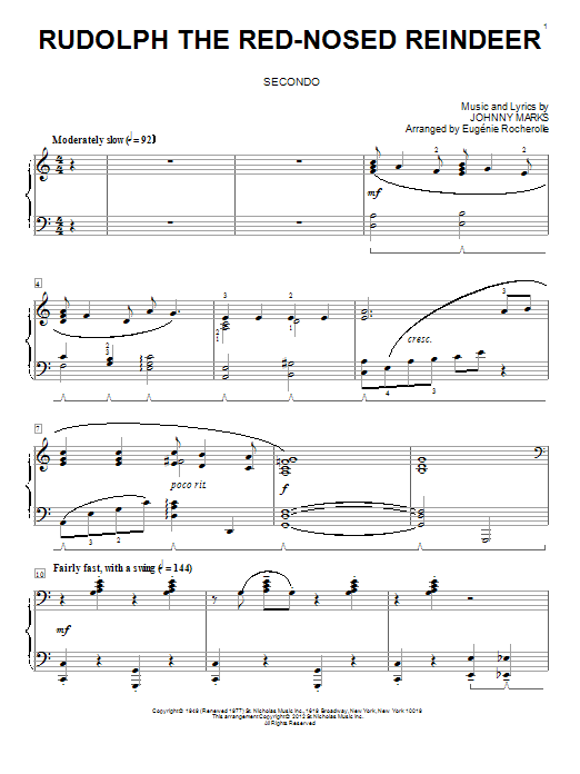 Johnny Marks Rudolph The Red-Nosed Reindeer (arr. Eugenie Rocherolle) sheet music notes and chords. Download Printable PDF.