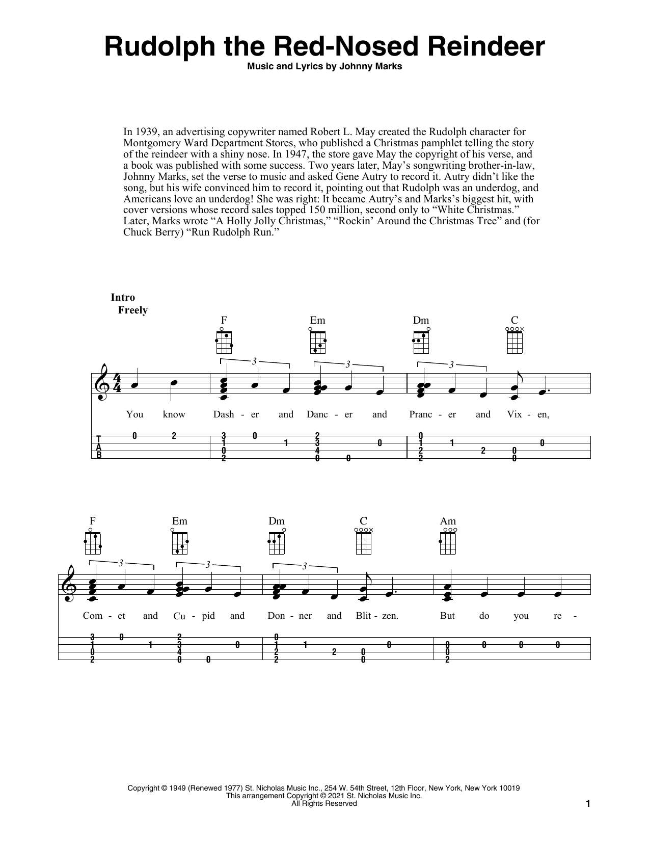 Johnny Marks Rudolph The Red-Nosed Reindeer (arr. Fred Sokolow) sheet music notes and chords. Download Printable PDF.