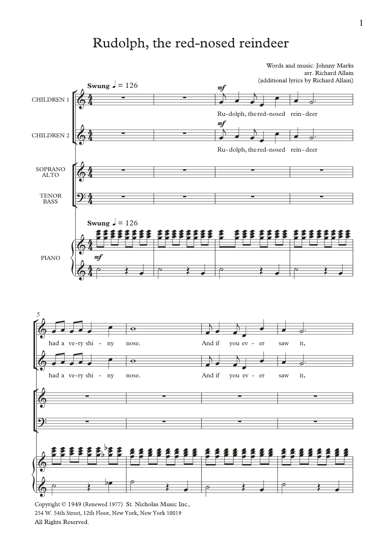 Johnny Marks Rudolph The Red-Nosed Reindeer (arr. Richard Allain) sheet music notes and chords. Download Printable PDF.