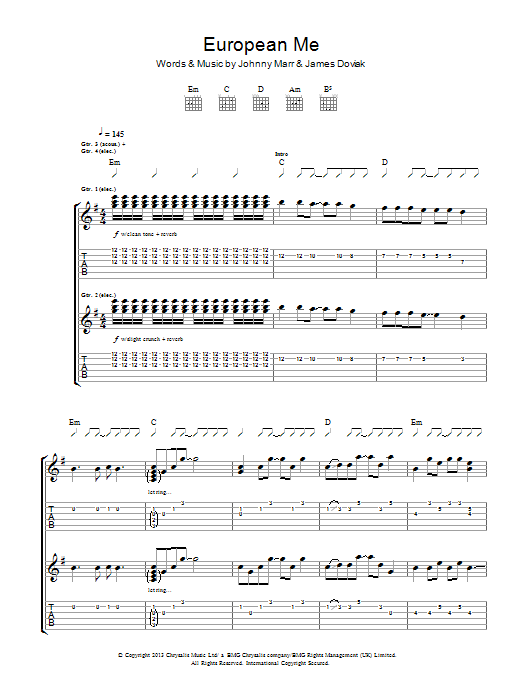Learn to play Johnny Marr European Me sheet music for Guitar Tab in minutes. Price: 7.8900$ Johnny Marr European Me sheet music notes and chords arranged for Guitar Tab