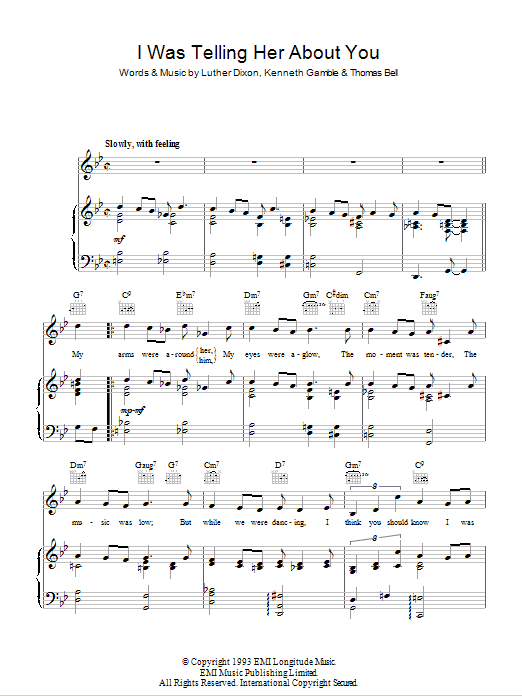 Learn to play Johnny Mathis I Was Telling Her About You sheet music for Piano, Vocal & Guitar Chords in minutes. Price: 7.8900$ Johnny Mathis I Was Telling Her About You sheet music notes and chords arranged for Piano, Vocal & Guitar Chords