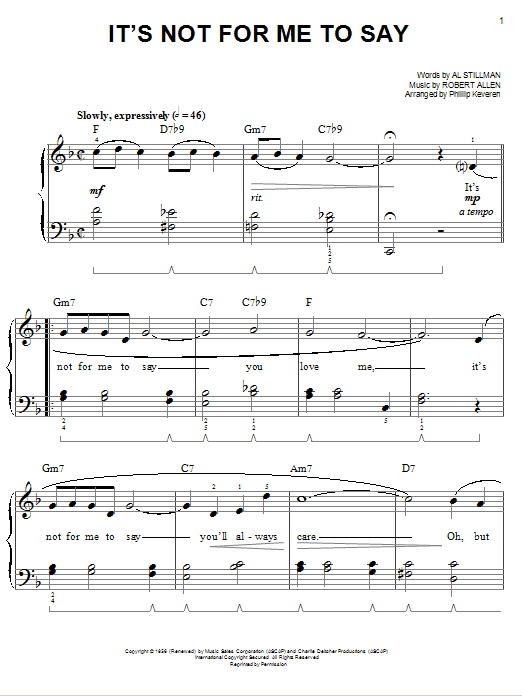 Johnny Mathis It's Not For Me To Say sheet music notes and chords. Download Printable PDF.