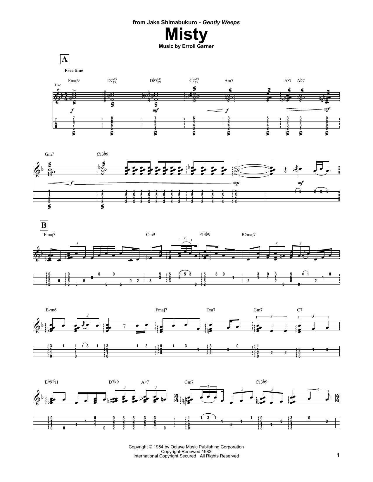 Johnny Mathis Misty (arr. Jake Shimabukuro) sheet music notes and chords. Download Printable PDF.