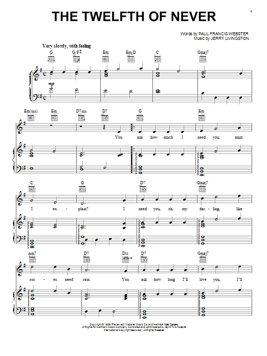 Johnny Mathis The Twelfth Of Never sheet music notes and chords. Download Printable PDF.