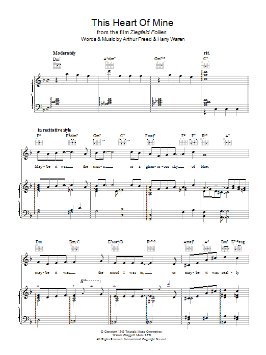 Learn to play Johnny Mathis This Heart Of Mine (from Ziegfried Follies) sheet music for Piano, Vocal & Guitar Chords in minutes. Price: 7.8900$ Johnny Mathis This Heart Of Mine (from Ziegfried Follies) sheet music notes and chords arranged for Piano, Vocal & Guitar Chords
