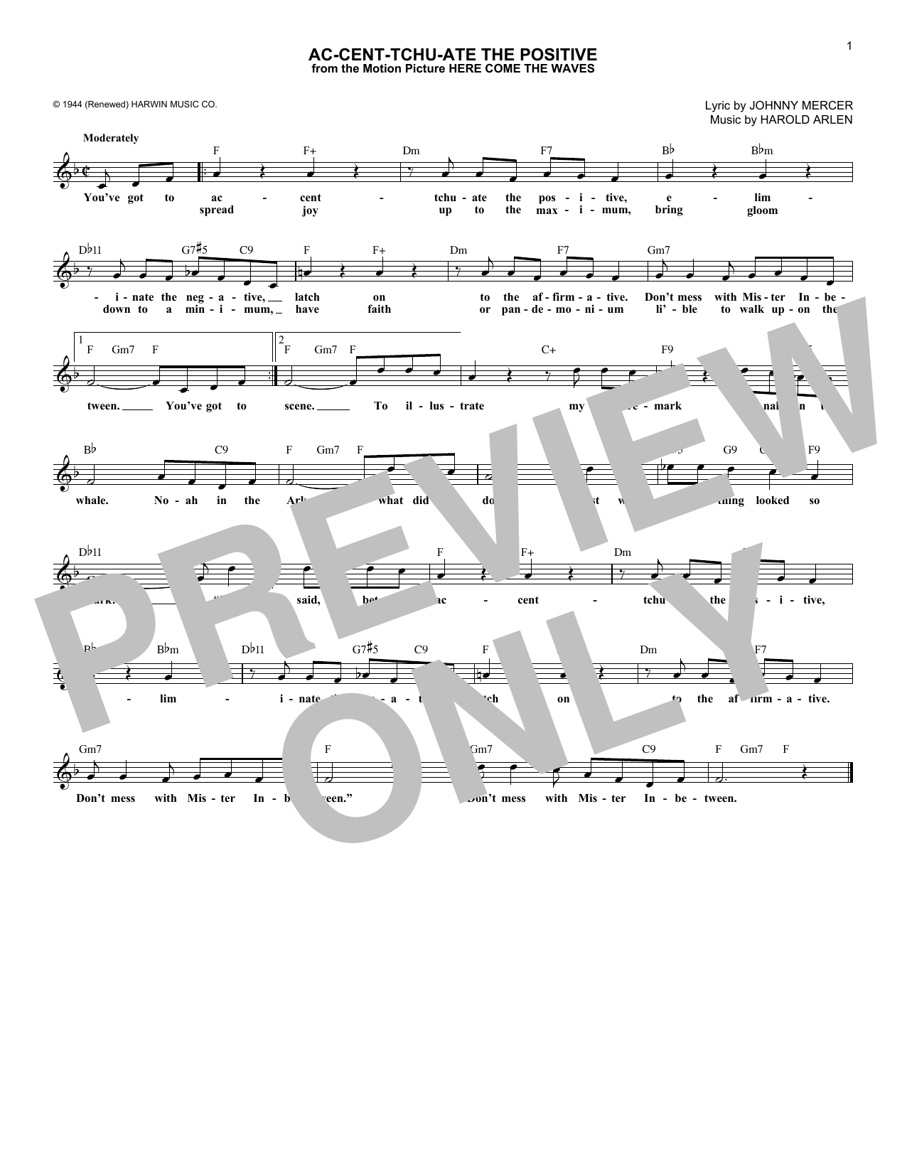 Johnny Mercer Ac-cent-tchu-ate The Positive sheet music notes and chords. Download Printable PDF.