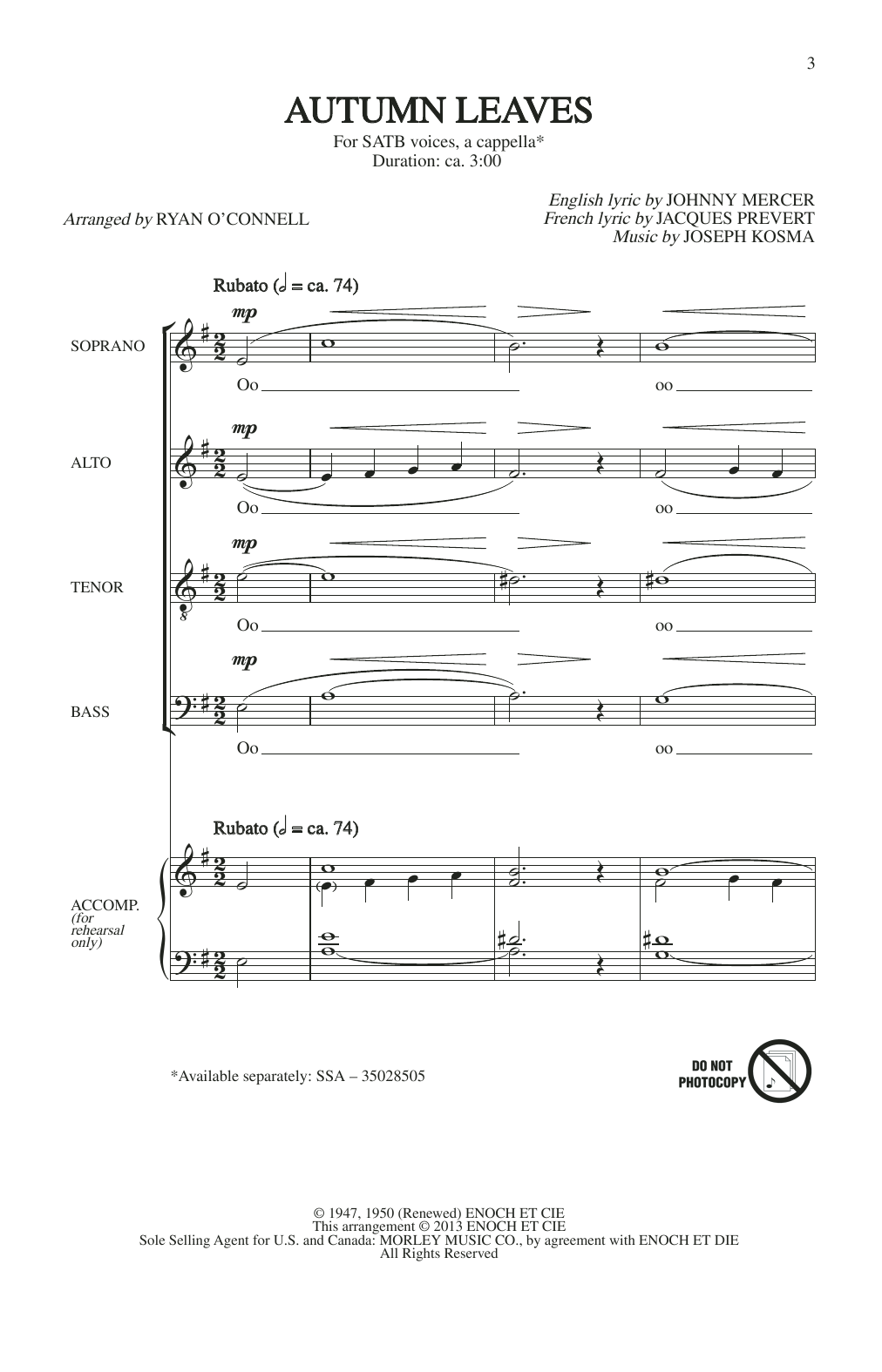 Johnny Mercer Autumn Leaves (arr. Ryan O'Connell) sheet music notes and chords. Download Printable PDF.