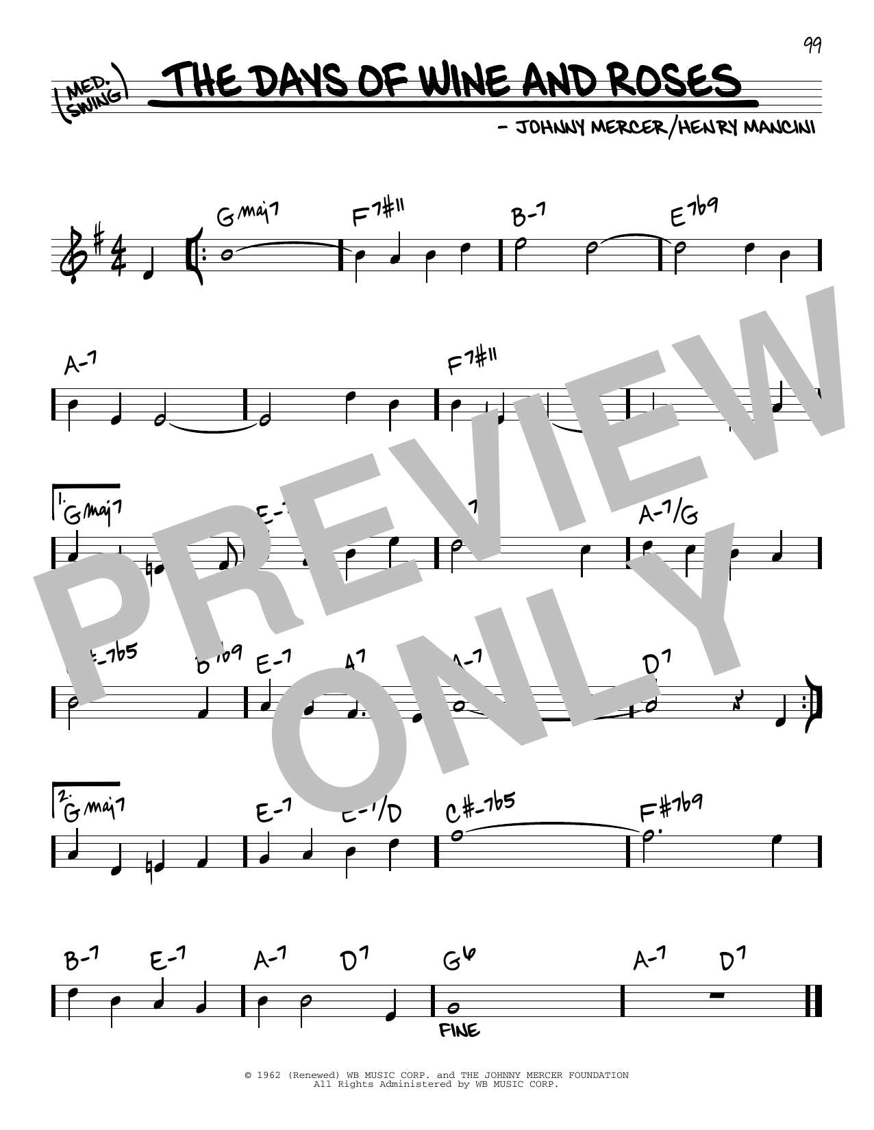 Johnny Mercer & Henry Mancini Days Of Wine And Roses sheet music notes and chords. Download Printable PDF.