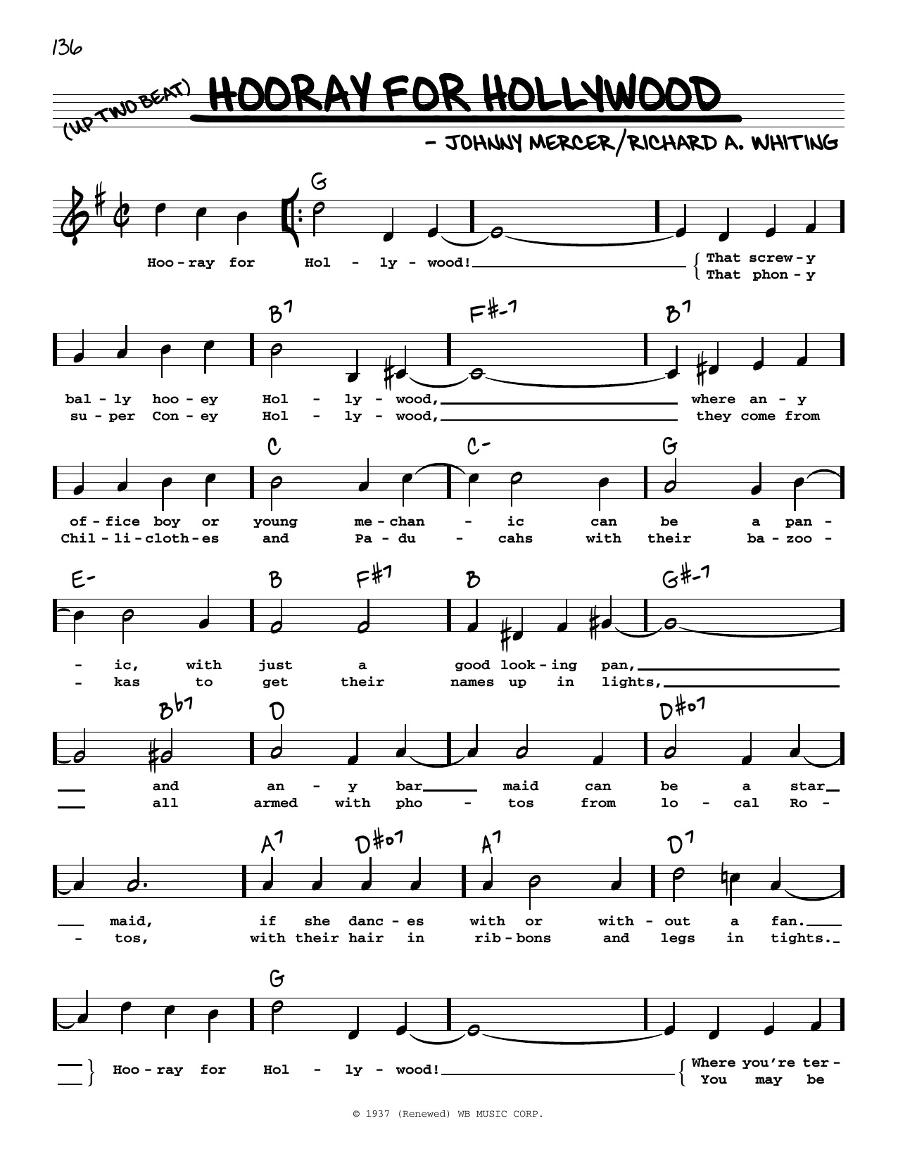 Learn to play Johnny Mercer Hooray For Hollywood (High Voice) sheet music for Real Book – Melody, Lyrics & Chords in minutes. Price: 5.9900$ Johnny Mercer Hooray For Hollywood (High Voice) sheet music notes and chords arranged for Real Book – Melody, Lyrics & Chords