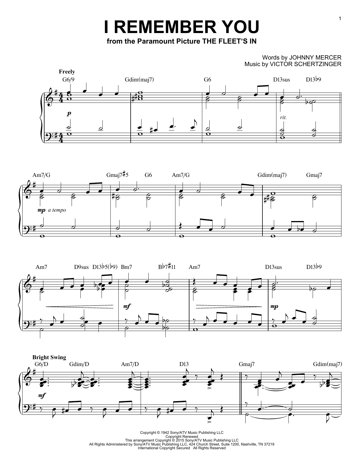 Johnny Mercer I Remember You [Jazz version] (arr. Brent Edstrom) sheet music notes and chords. Download Printable PDF.