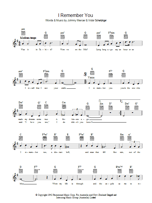 Learn to play Johnny Mercer I Remember You sheet music for Ukulele in minutes. Price: 5.9900$ Johnny Mercer I Remember You sheet music notes and chords arranged for Ukulele