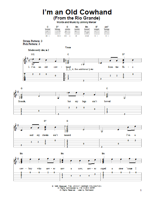 Johnny Mercer I'm An Old Cowhand (From The Rio Grande) sheet music notes and chords. Download Printable PDF.