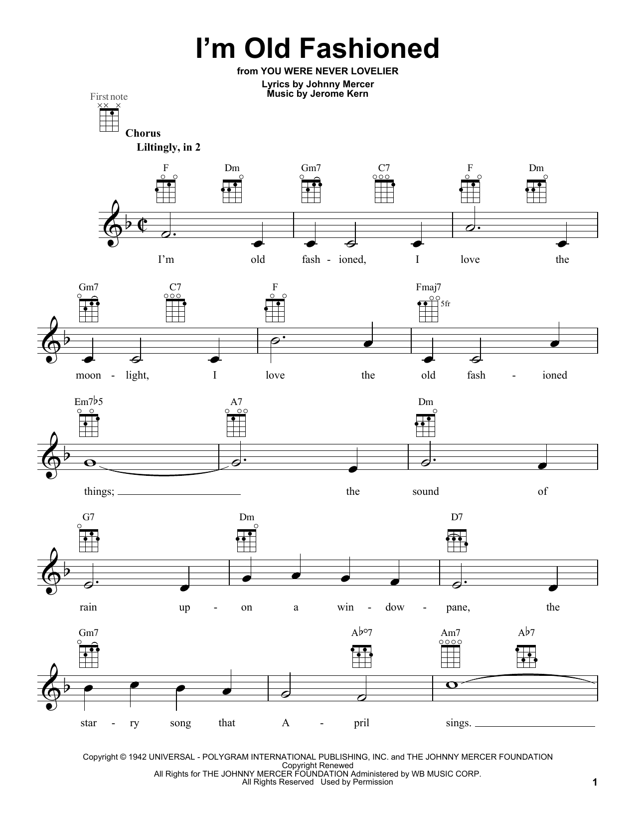 Learn to play Johnny Mercer I'm Old Fashioned sheet music for Ukulele in minutes. Price: 5.9900$ Johnny Mercer I'm Old Fashioned sheet music notes and chords arranged for Ukulele