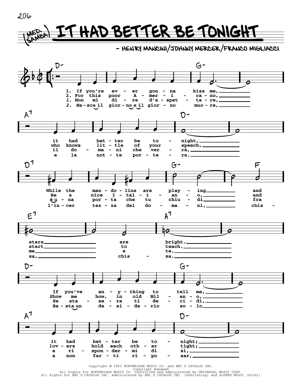 Learn to play Johnny Mercer It Had Better Be Tonight (High Voice) sheet music for Real Book – Melody, Lyrics & Chords in minutes. Price: 5.9900$ Johnny Mercer It Had Better Be Tonight (High Voice) sheet music notes and chords arranged for Real Book – Melody, Lyrics & Chords