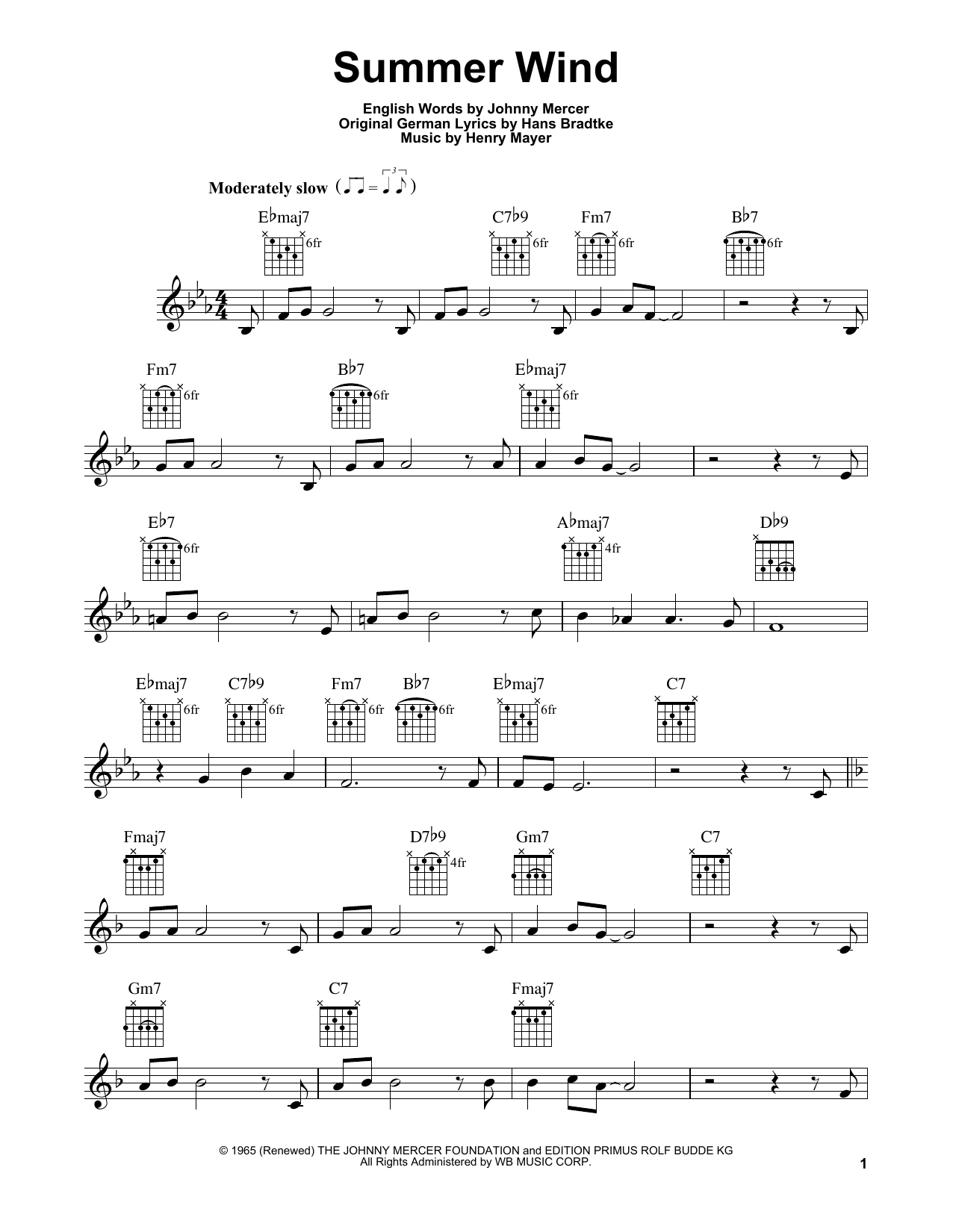 Johnny Mercer Summer Wind sheet music notes and chords. Download Printable PDF.