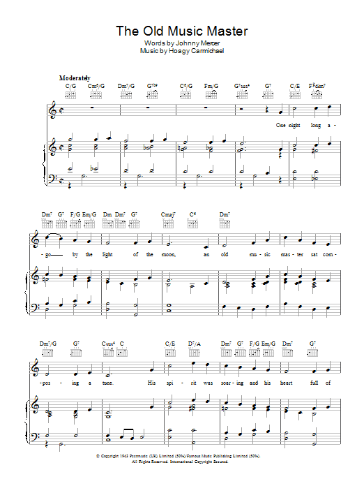 Learn to play Johnny Mercer The Old Music Master sheet music for Piano, Vocal & Guitar Chords in minutes. Price: 7.8900$ Johnny Mercer The Old Music Master sheet music notes and chords arranged for Piano, Vocal & Guitar Chords