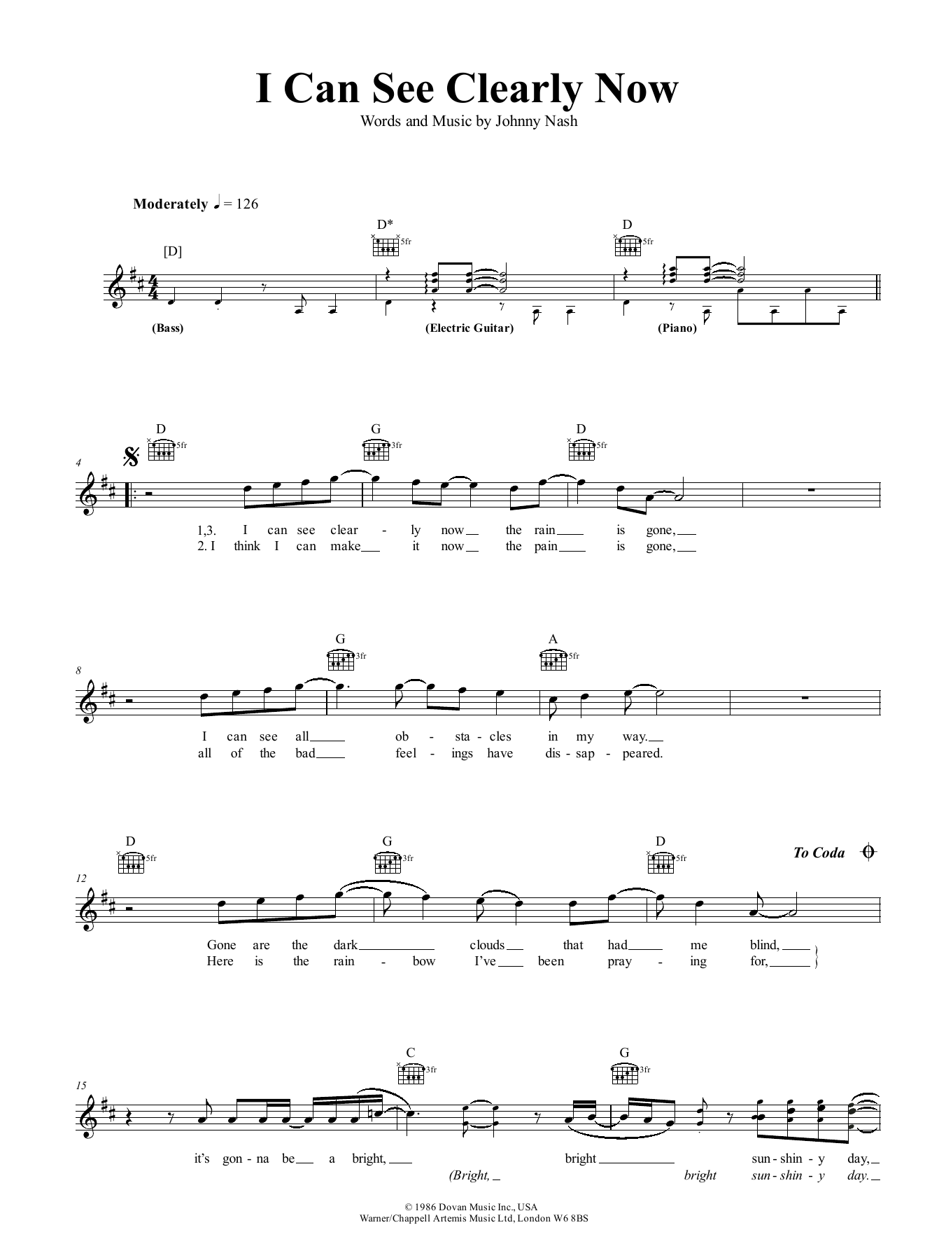 Johnny Nash I Can See Clearly Now sheet music notes and chords. Download Printable PDF.