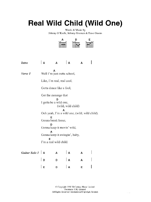 Johnny O'Keefe Real Wild Child (Wild One) sheet music notes and chords. Download Printable PDF.