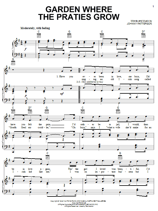 Learn to play Johnny Patterson Garden Where The Praties Grow sheet music for Piano, Vocal & Guitar Chords (Right-Hand Melody) in minutes. Price: 7.8900$ Johnny Patterson Garden Where The Praties Grow sheet music notes and chords arranged for Piano, Vocal & Guitar Chords (Right-Hand Melody)