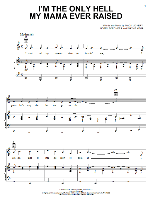 Learn to play Johnny Paycheck I'm The Only Hell My Mama Ever Raised sheet music for Piano, Vocal & Guitar Chords (Right-Hand Melody) in minutes. Price: 7.8900$ Johnny Paycheck I'm The Only Hell My Mama Ever Raised sheet music notes and chords arranged for Piano, Vocal & Guitar Chords (Right-Hand Melody)