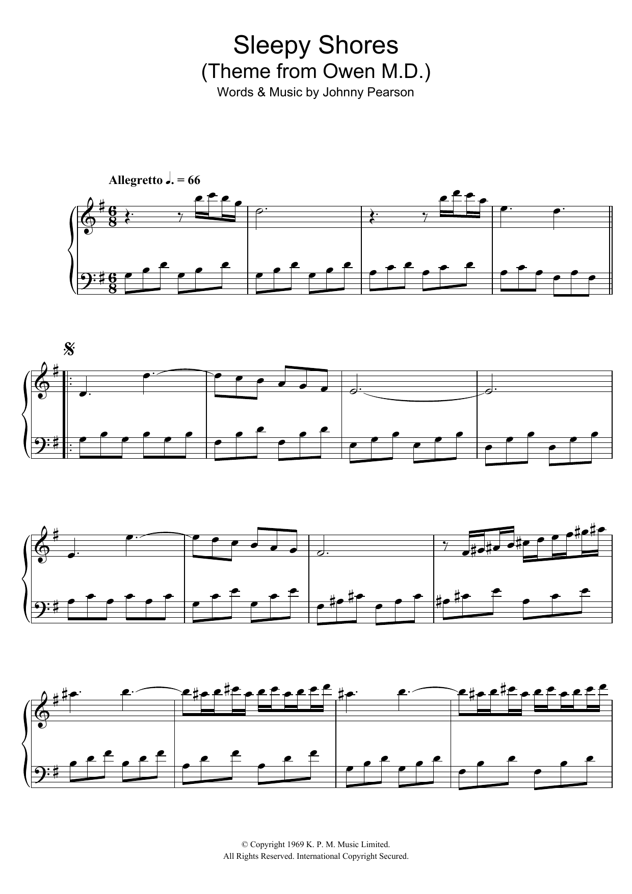 Johnny Pearson Sleepy Shores (theme from Owen M.D.) sheet music notes and chords. Download Printable PDF.