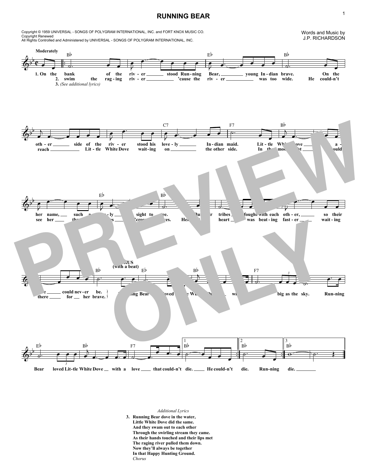 Learn to play Johnny Preston Running Bear sheet music for Lead Sheet / Fake Book in minutes. Price: 5.9900$ Johnny Preston Running Bear sheet music notes and chords arranged for Lead Sheet / Fake Book