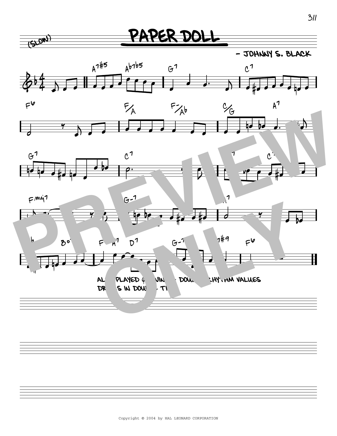 Johnny S. Black Paper Doll [Reharmonized version] (arr. Jack Grassel) sheet music notes and chords arranged for Real Book – Melody & Chords