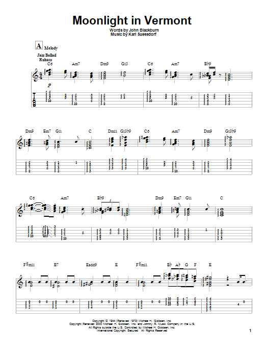 Johnny Smith Moonlight In Vermont sheet music notes and chords. Download Printable PDF.