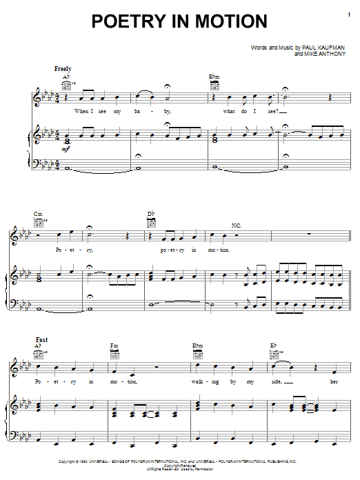 Learn to play Johnny Tillotson Poetry In Motion sheet music for Piano, Vocal & Guitar Chords (Right-Hand Melody) in minutes. Price: 7.8900$ Johnny Tillotson Poetry In Motion sheet music notes and chords arranged for Piano, Vocal & Guitar Chords (Right-Hand Melody)