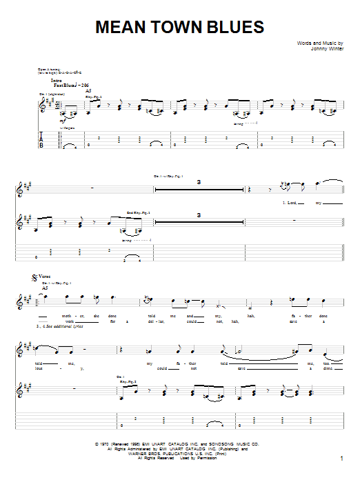 Learn to play Johnny Winter Mean Town Blues sheet music for Guitar Tab in minutes. Price: 7.8900$ Johnny Winter Mean Town Blues sheet music notes and chords arranged for Guitar Tab