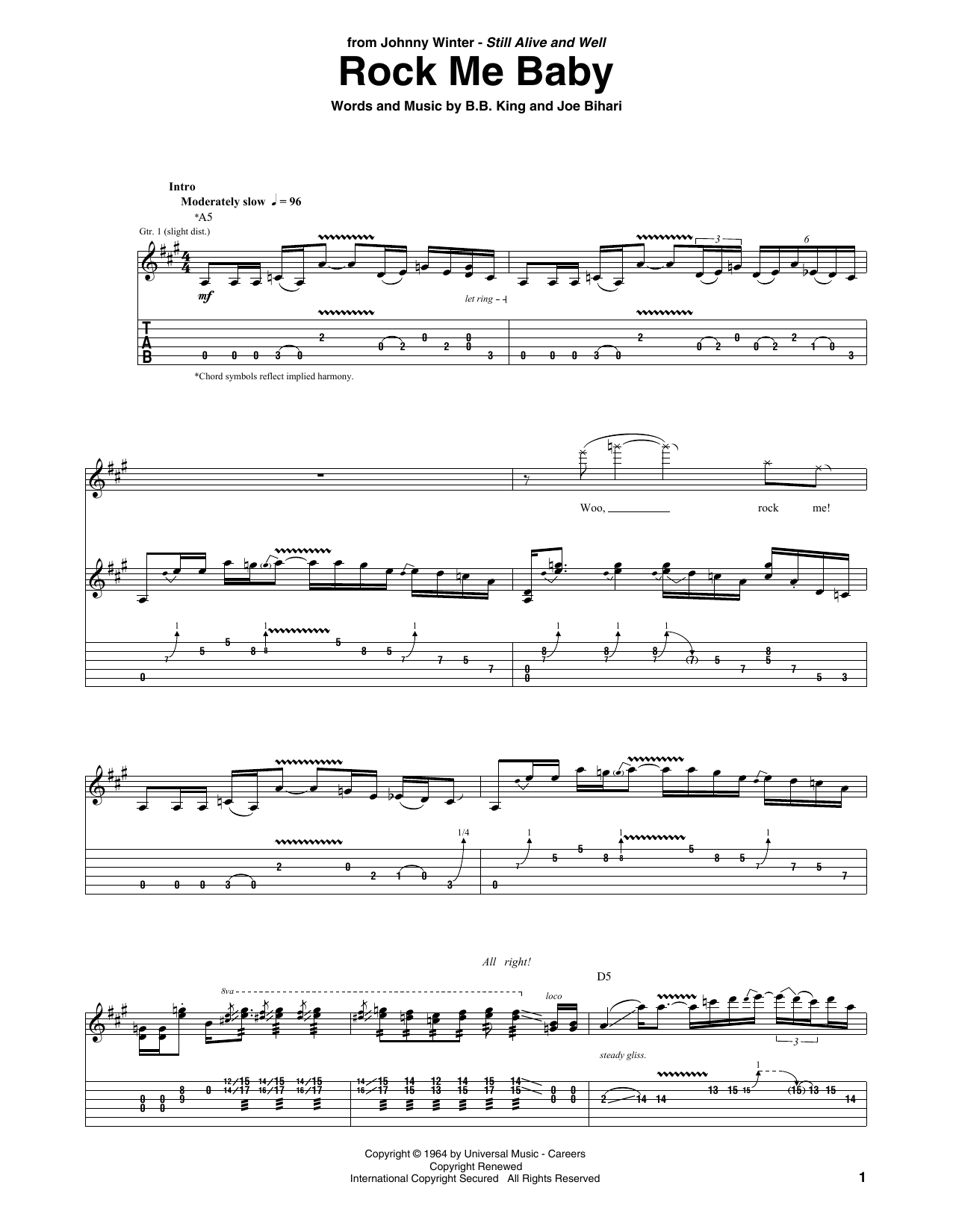 Johnny Winter Rock Me Baby sheet music notes and chords. Download Printable PDF.