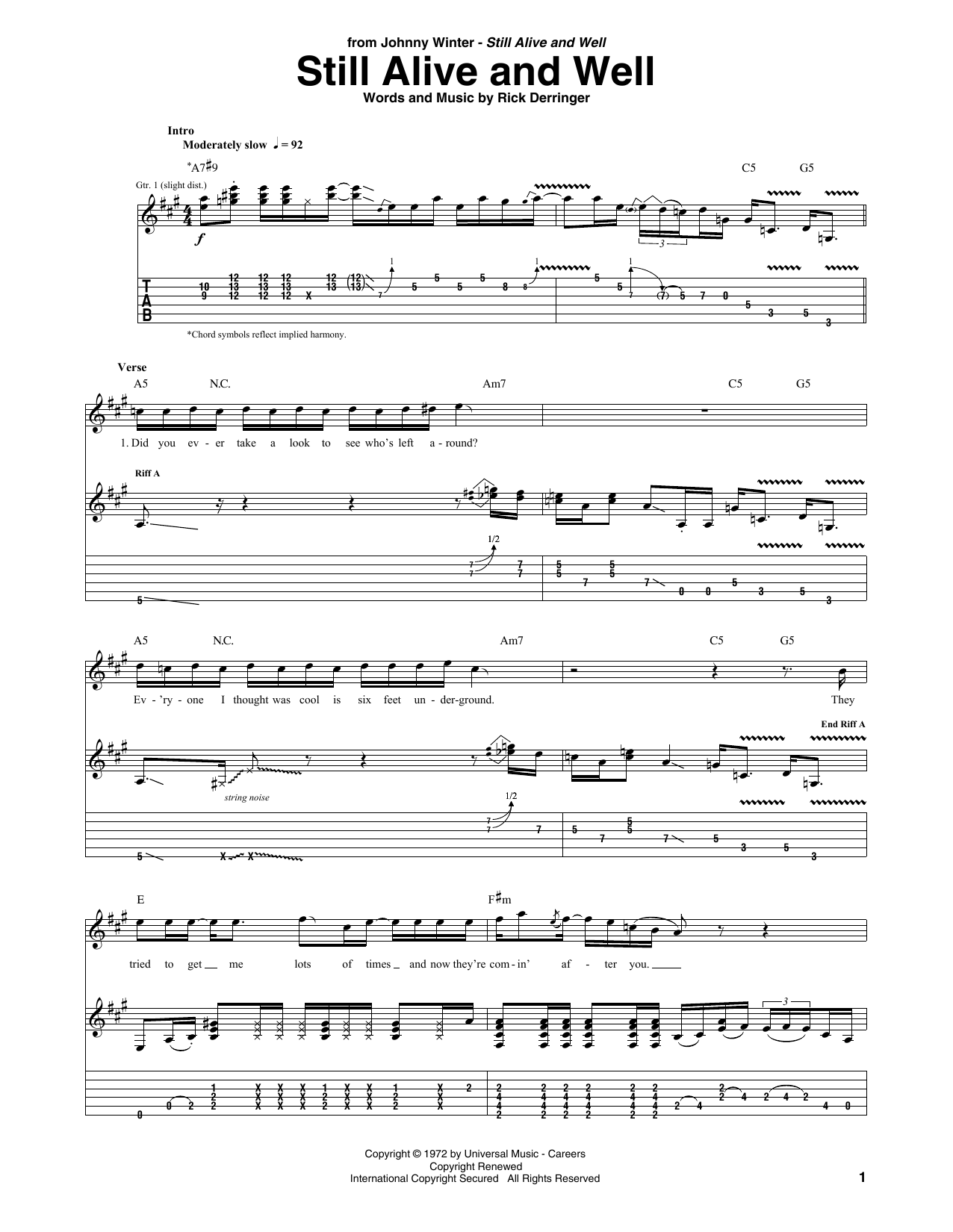 Johnny Winter Still Alive And Well sheet music notes and chords. Download Printable PDF.