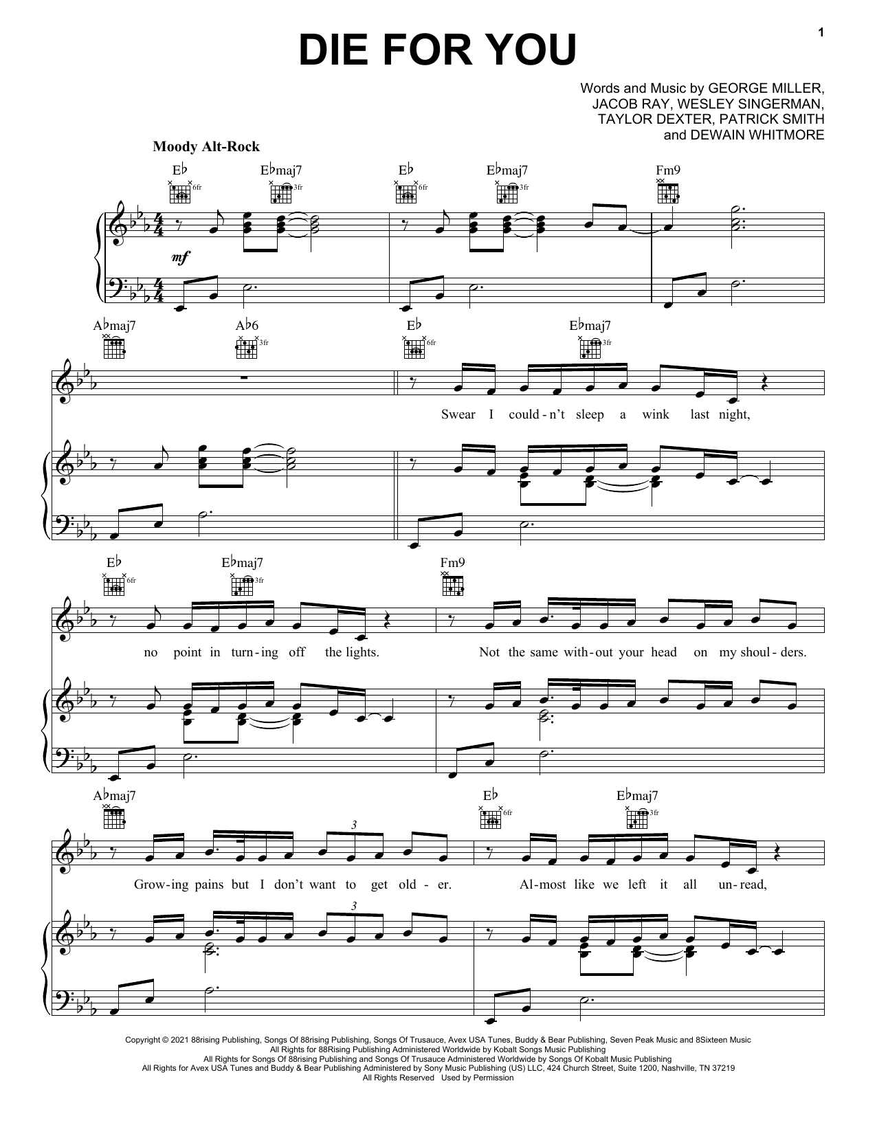 Joji Die For You sheet music notes and chords. Download Printable PDF.