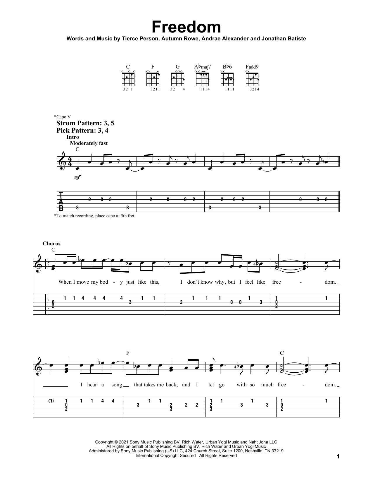 Jon Batiste FREEDOM sheet music notes and chords. Download Printable PDF.