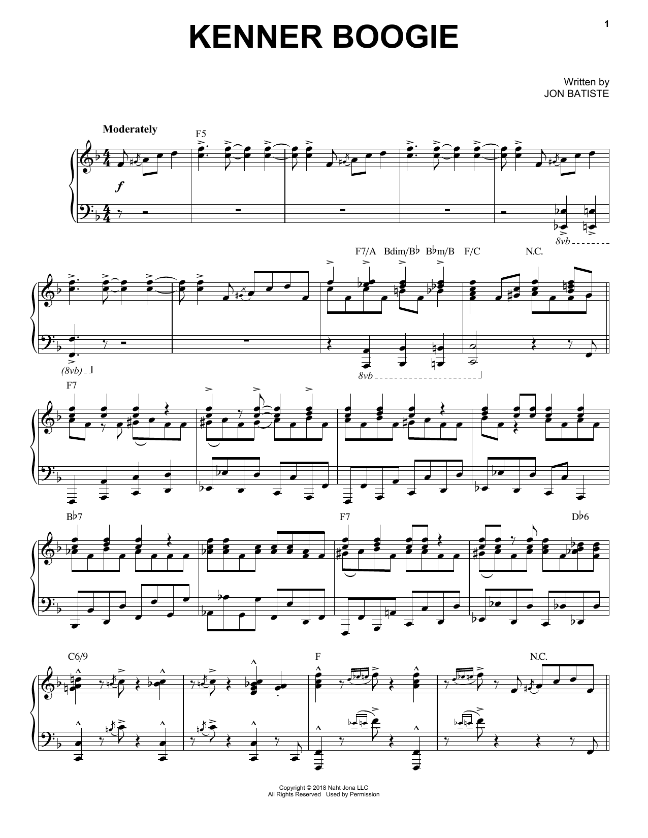 Jon Batiste Kenner Boogie sheet music notes and chords arranged for Piano Solo