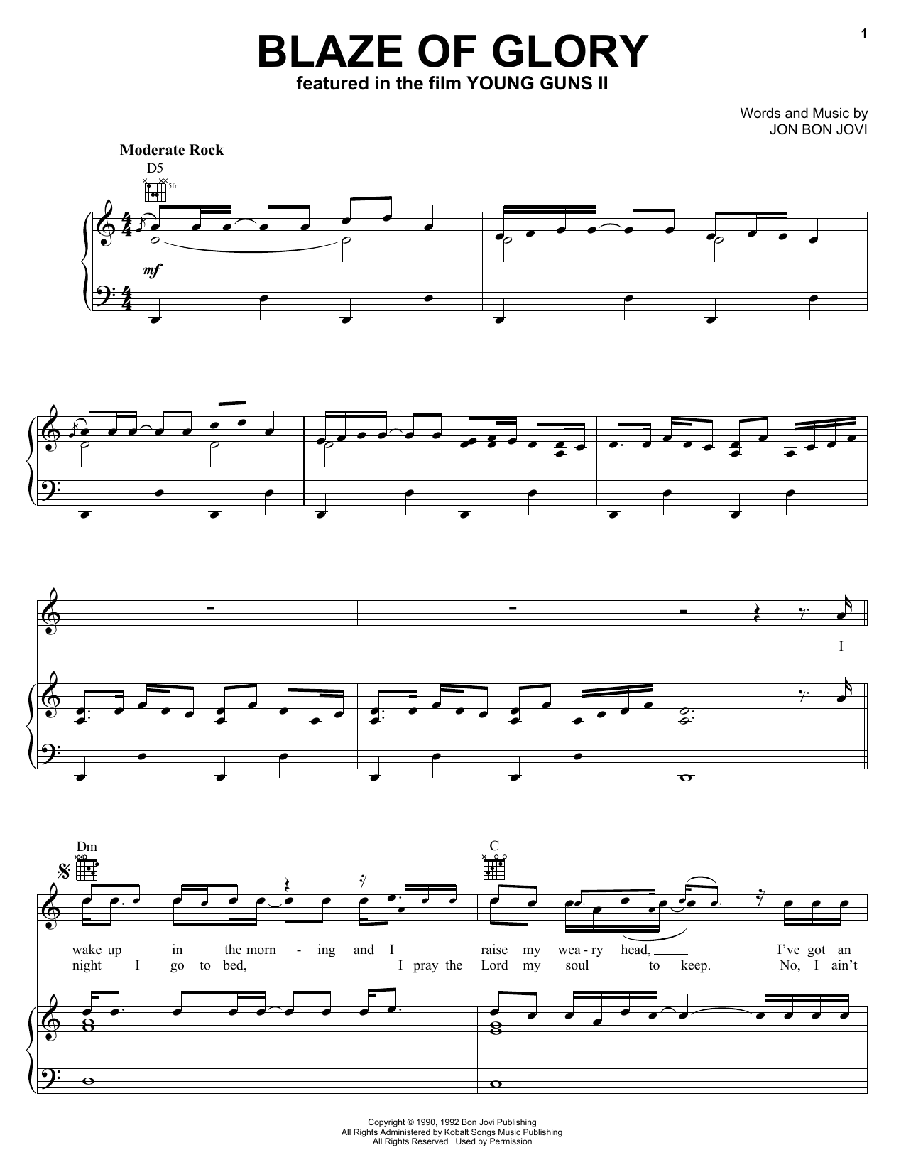 Jon Bon Jovi Blaze Of Glory sheet music notes and chords. Download Printable PDF.