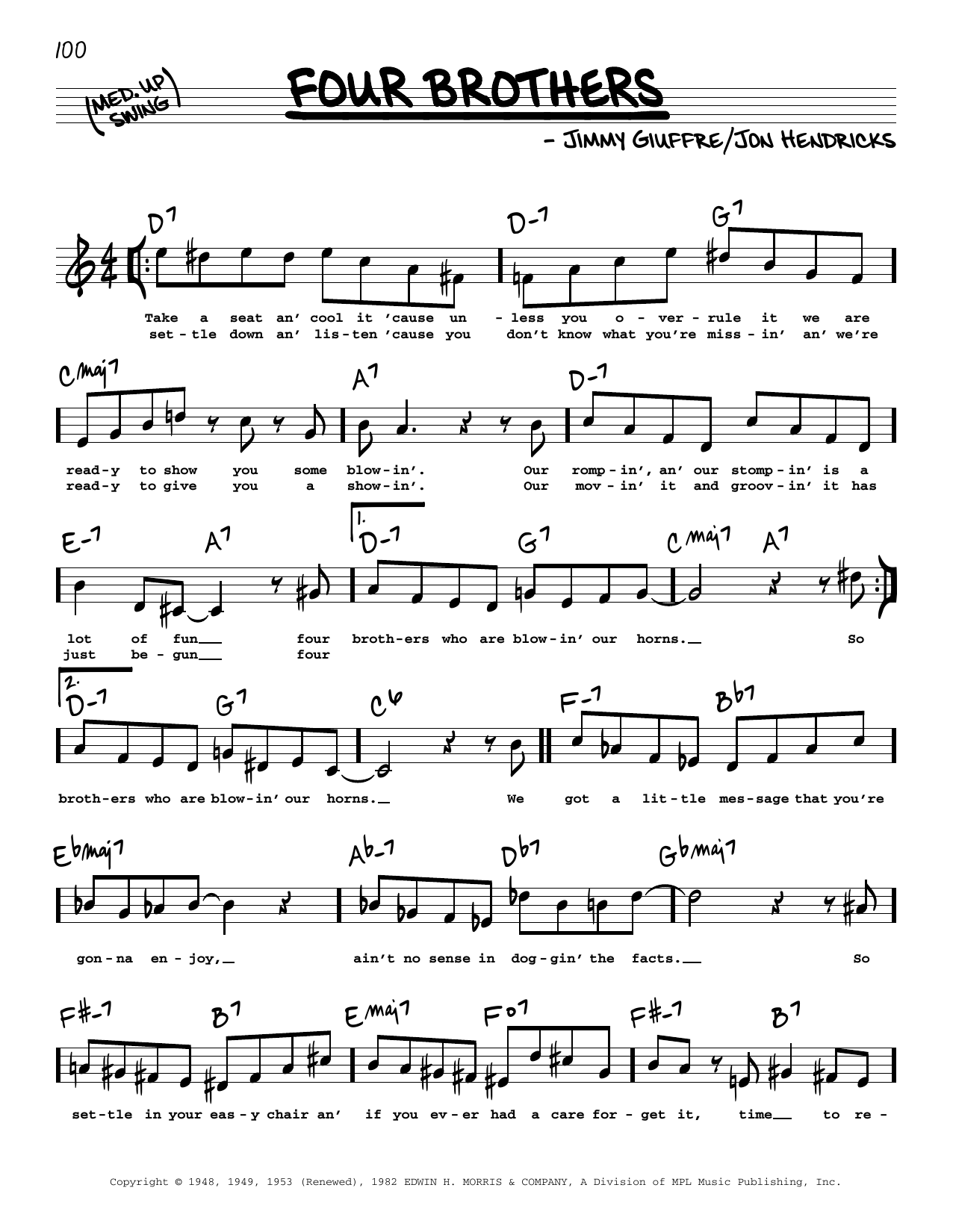 Learn to play Jon Hendricks Four Brothers (High Voice) sheet music for Real Book – Melody, Lyrics & Chords in minutes. Price: 5.9900$ Jon Hendricks Four Brothers (High Voice) sheet music notes and chords arranged for Real Book – Melody, Lyrics & Chords