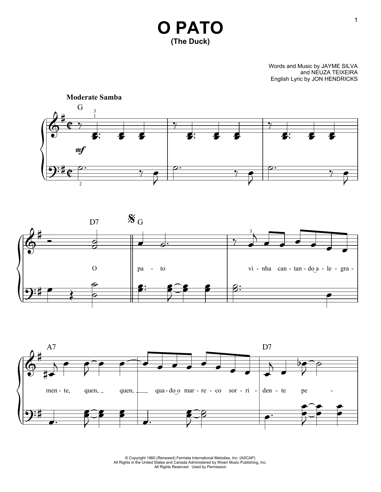 Jon Hendricks O Pato (The Duck) sheet music notes and chords. Download Printable PDF.