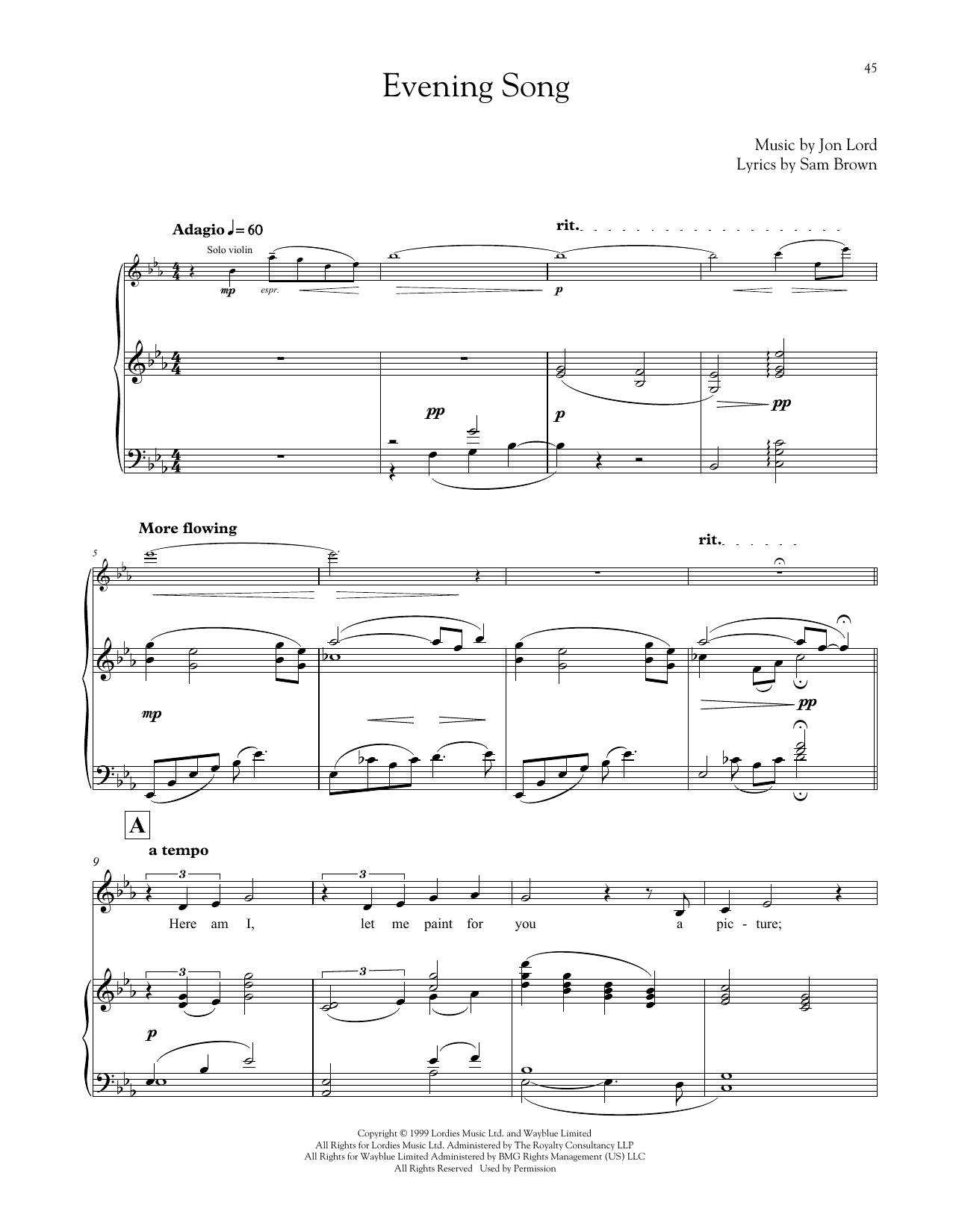 Jon Lord Evening Song sheet music notes and chords. Download Printable PDF.