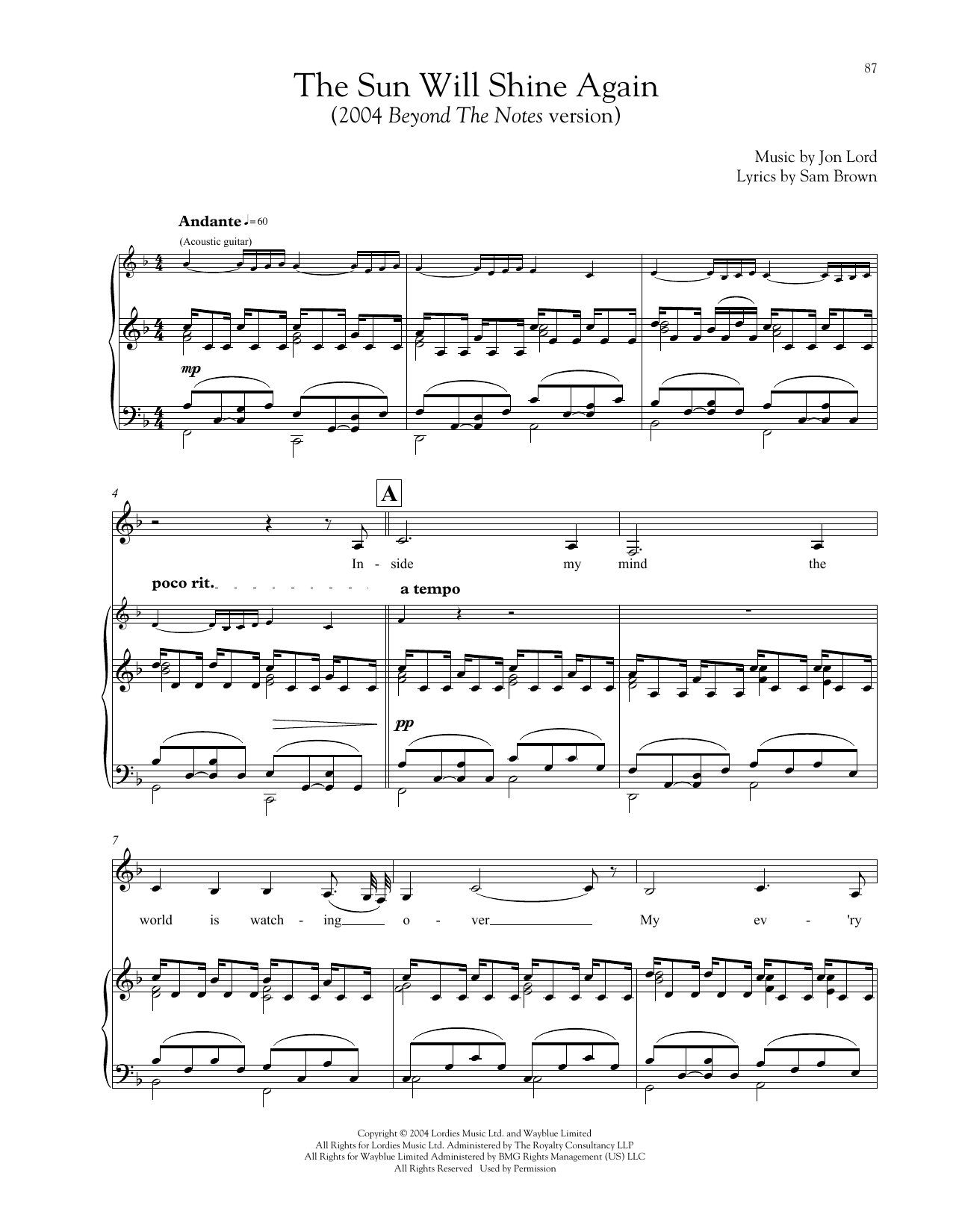 Jon Lord The Sun Will Shine Again sheet music notes and chords. Download Printable PDF.