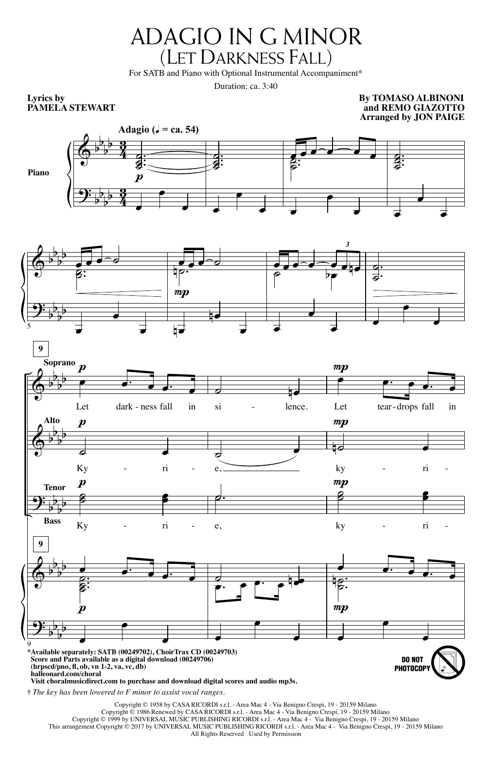 Learn to play Jon Paige Adagio In Sol Minore (Adagio In G Minor) sheet music for SATB Choir in minutes. Price: 3.9900$ Jon Paige Adagio In Sol Minore (Adagio In G Minor) sheet music notes and chords arranged for SATB Choir