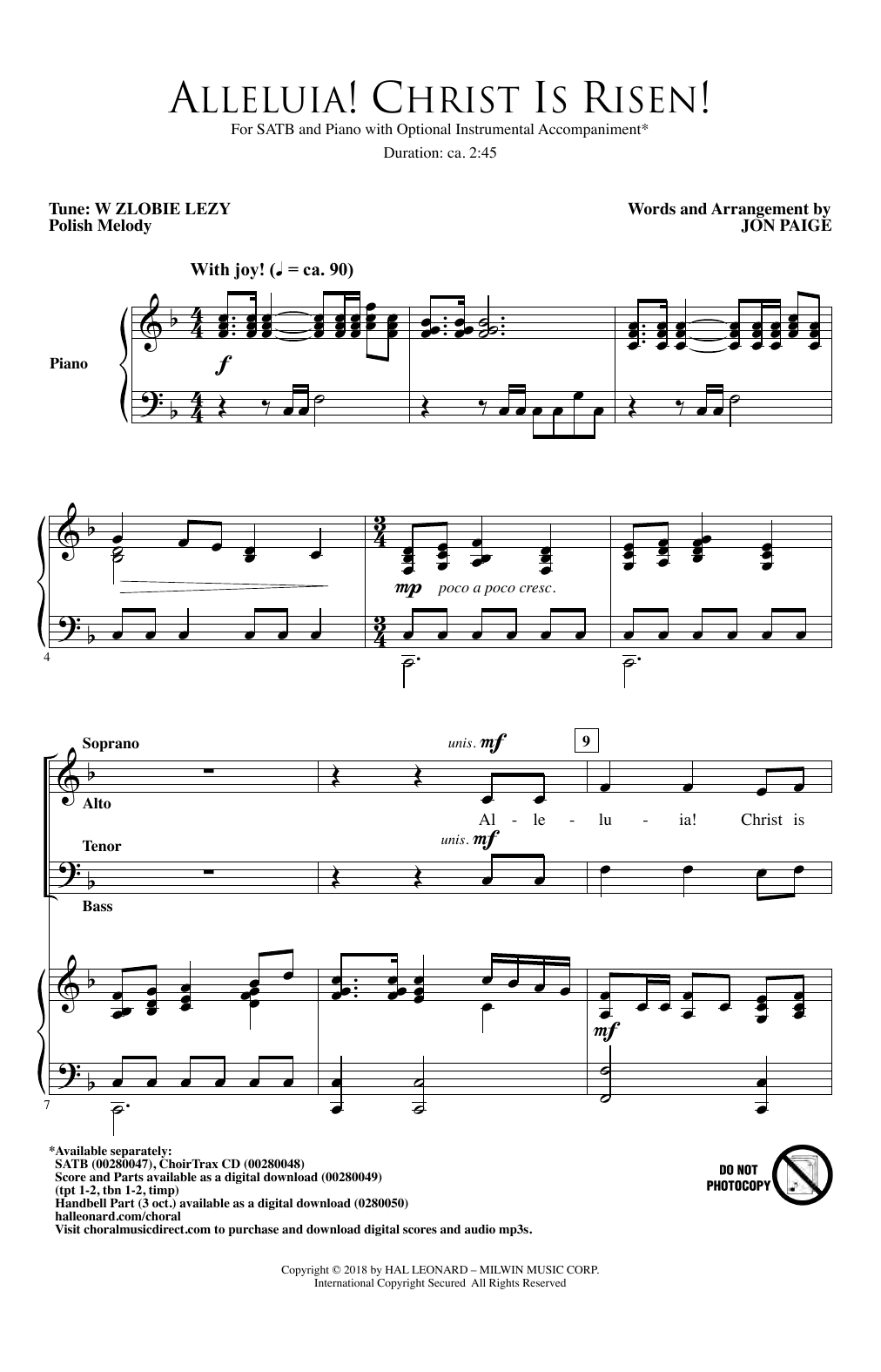 Learn to play Jon Paige Alleluia! Christ Is Risen! sheet music for SATB Choir in minutes. Price: 3.9900$ Jon Paige Alleluia! Christ Is Risen! sheet music notes and chords arranged for SATB Choir