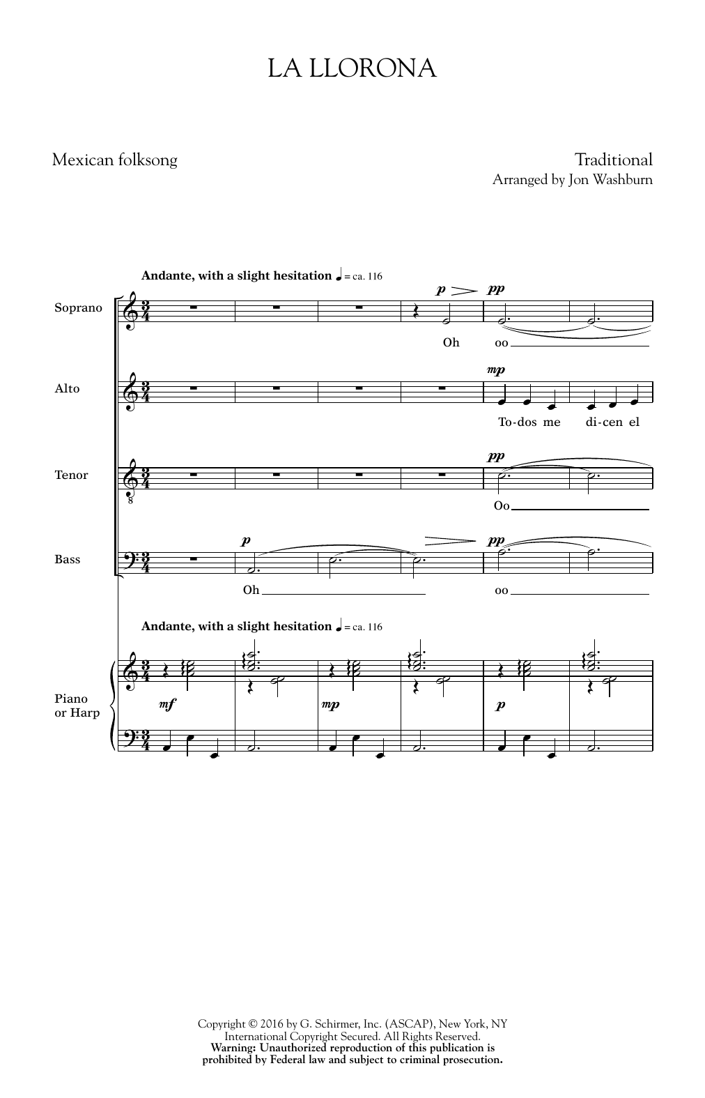 Learn to play Mexican Folksong La Llorona (arr. Jon Washburn) sheet music for SATB Choir in minutes. Price: 3.9900$ Mexican Folksong La Llorona (arr. Jon Washburn) sheet music notes and chords arranged for SATB Choir