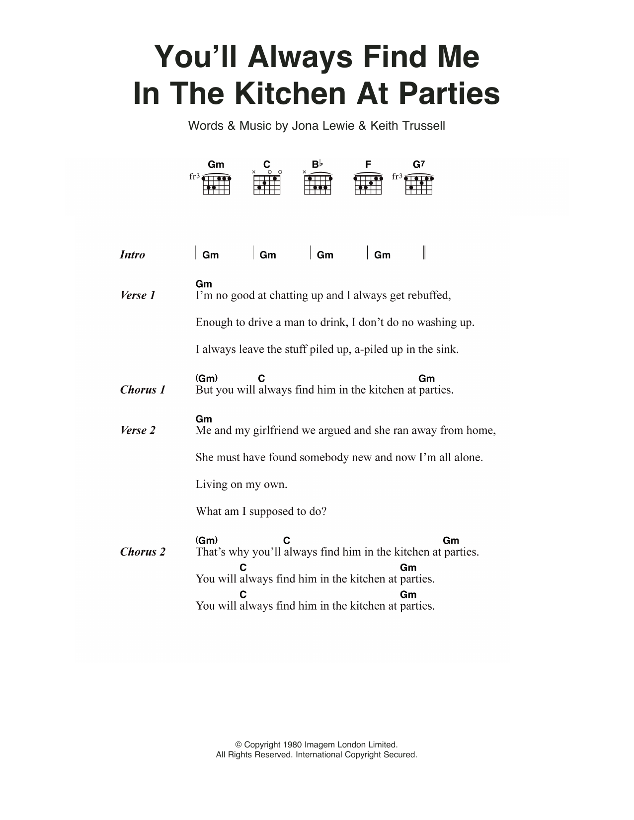 Jona Lewie You'll Always Find Me In The Kitchen At Parties sheet music notes and chords arranged for Piano, Vocal & Guitar Chords